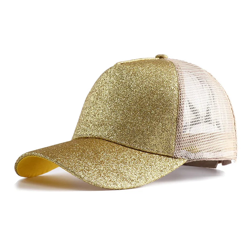 2023 New Summer Glitter High Ponytail Baseball Cap Female Snapback Hat Casual Black White Pink Mesh Trucker Caps for Women Gorra