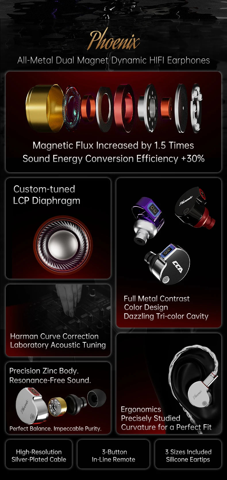 CCA Phoenix HiFi Wired Earphones Metal Alloy In-Ear Headphones with 10mm Dual Magnetic Dynamic Driver for Gaming & Music