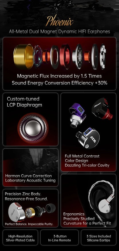 CCA Phoenix HiFi Wired Earphones Metal Alloy In-Ear Headphones with 10mm Dual Magnetic Dynamic Driver for Gaming & Music