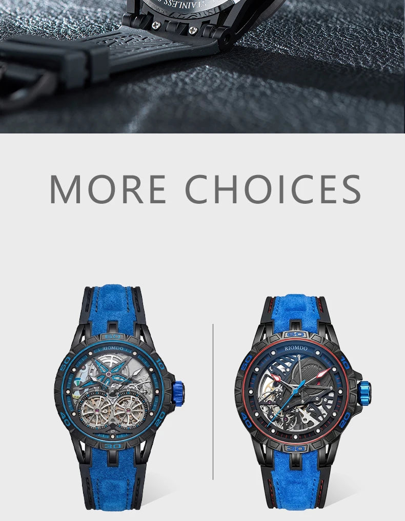 OBLVLO Men's Two Tone Big Skeleton Dial Mechanical Automatic Watch Luminous Waterproof Rubber Band Machinery Clock RD-903