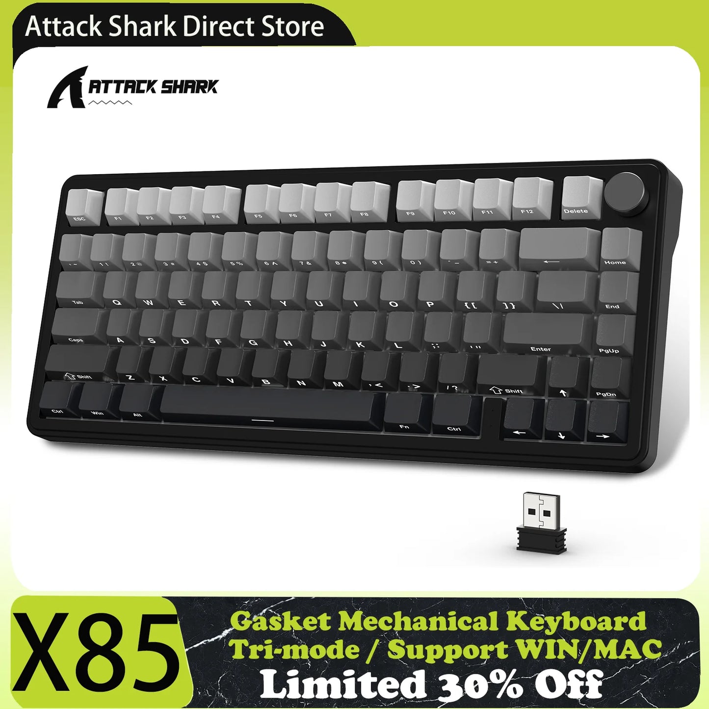 ATTACK SHARK X85 Tri-Mode Gasket Mechanical Keyboard 75% Wireless Hot Swappable RGB Gaming Keyboard with CNC Knob, 5-Layer Sound Dampening & NKRO