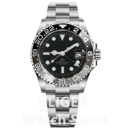 BLIGER 40mm 515 24H GMT Men's Watch Stainless Steel Clasp Luminous Quartz Movement Ceramic Bezel Sapphire Glass 10Bar Waterproof