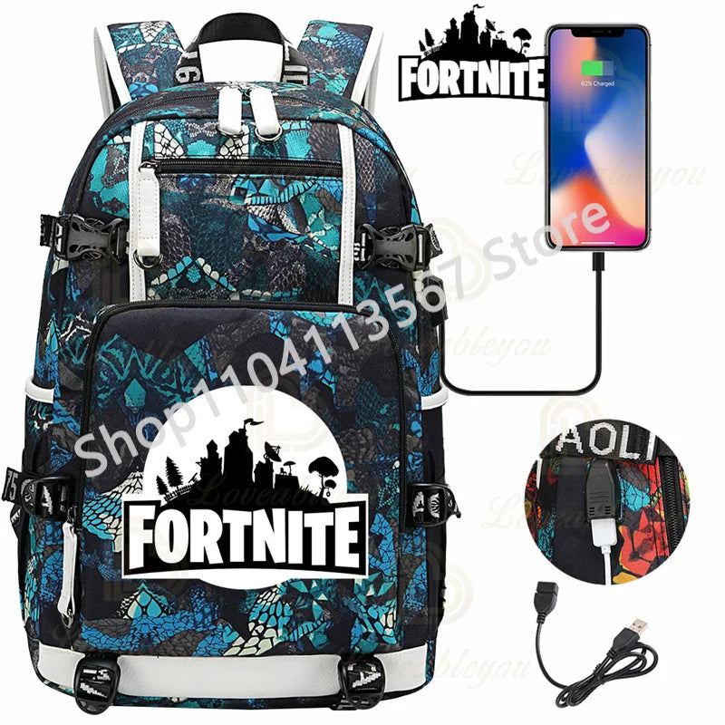Ultima Knight F-Fortnited Battle Royale Backpack with USB Charging Anime Figures Study Stationery Compartment for Students