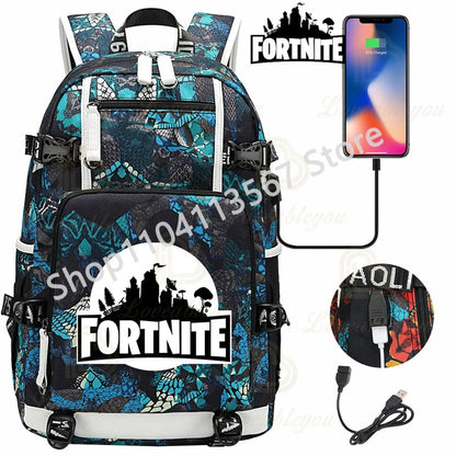Ultima Knight F-Fortnited Battle Royale Backpack with USB Charging Anime Figures Study Stationery Compartment for Students