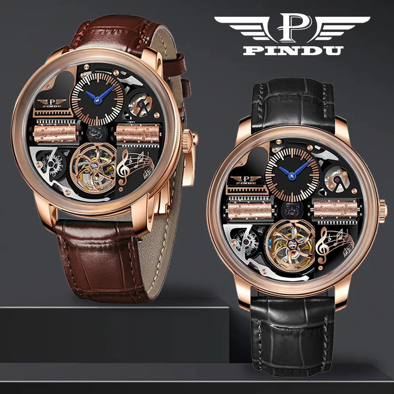 2025 NEUE PINDU Design Music Series Herrenuhr mit mechanischem Uhrwerk, Edelstahl, Saphirglas, luxuriöse automatische Uhr mit skelettiertem Design