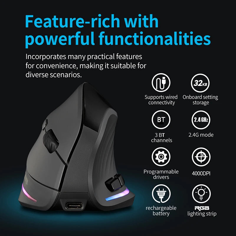 Mouse verticale wireless ricaricabile con display, ergonomico, 6 pulsanti programmabili, gaming per gamer desktop