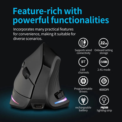 Mouse verticale wireless ricaricabile con display, ergonomico, 6 pulsanti programmabili, gaming per gamer desktop