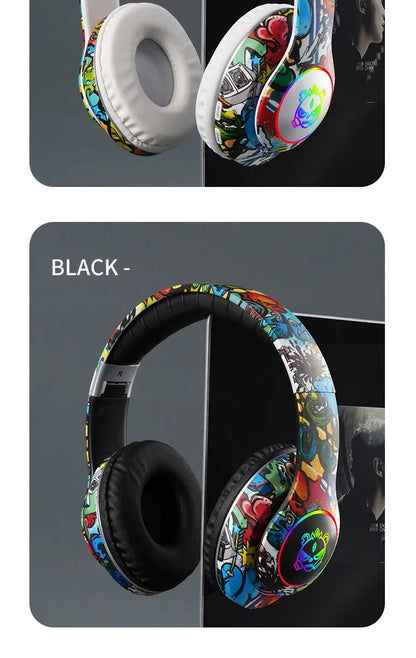 New Graffiti Wireless Bluetooth Gaming Headset LX-8686 with Mic, LED Light, TF Card Support, Deep Bass Over-Ear Headphones for PC, Gaming & Kids