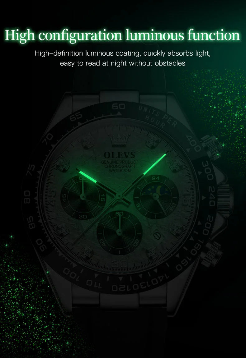 OLEVS Luxury Brand Quartz Watch for Men Waterproof Luminous Moon Phase Hour Men's Watch Chronograph Sport Wristwatch Moonswatch
