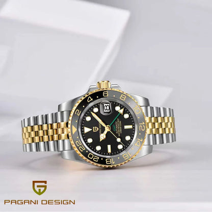 Mechanické pánské hodinky Pagani Design GMT – luxusní model se safírovým sklem, pouzdrem z nerezové oceli a keramickou lunetou – automatické pánské hodinky v profesionálním stylu