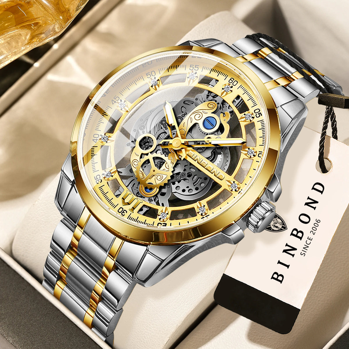 Montre-bracelet à quartz vintage ajourée BINBOND pour homme, lumineuse, étanche, précise et durable, style décontracté.