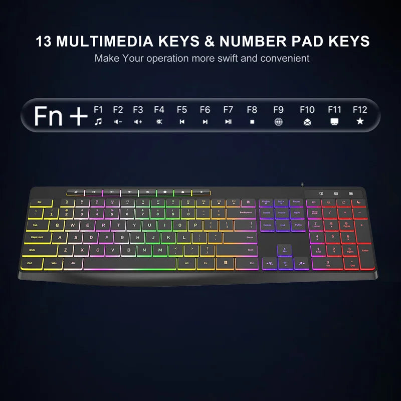 New Wired Light Backlit RGB Mute Keyboard  Desktop Notebook Home Business For Office Ultra Thin USB office home