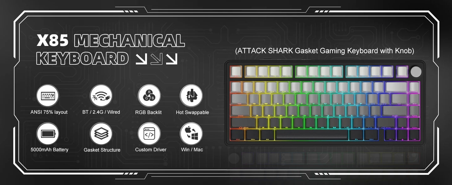 ATTACK SHARK X85 Tri-Mode Gasket Mechanical Keyboard 75% Wireless Hot Swappable RGB Gaming Keyboard with CNC Knob, 5-Layer Sound Dampening & NKRO