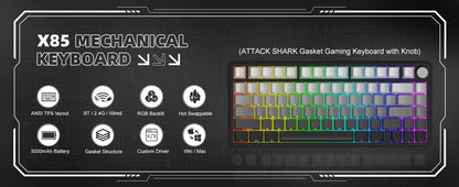 ATTACK SHARK X85 Tri-Mode Gasket Mechanical Keyboard 75% Wireless Hot Swappable RGB Gaming Keyboard with CNC Knob, 5-Layer Sound Dampening & NKRO