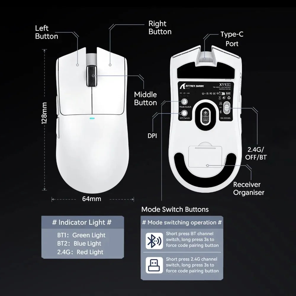 ATTACK SHARK X11SE ultra lagani bežični gaming miš, životni vijek od 20Million ciklusa, PAW3311 Gaming, 22KDPI, 400IPS, 40G, 1KHz, 65 Hours, 30mAH