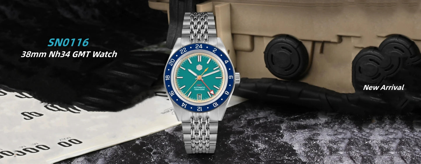 Relógio Automático Masculino San Martin 39.5mm Edição Limitada com Mostrador Full Lume NH34 GMT 6H Data 10Bar Luxo Kol Saati SN0116W