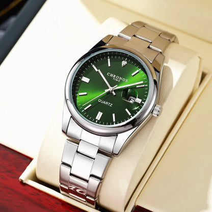 CHRONOS men’s wristwatch – Luxury brand, water-resistant, luminous, with date display, made of stainless steel, quartz movement.