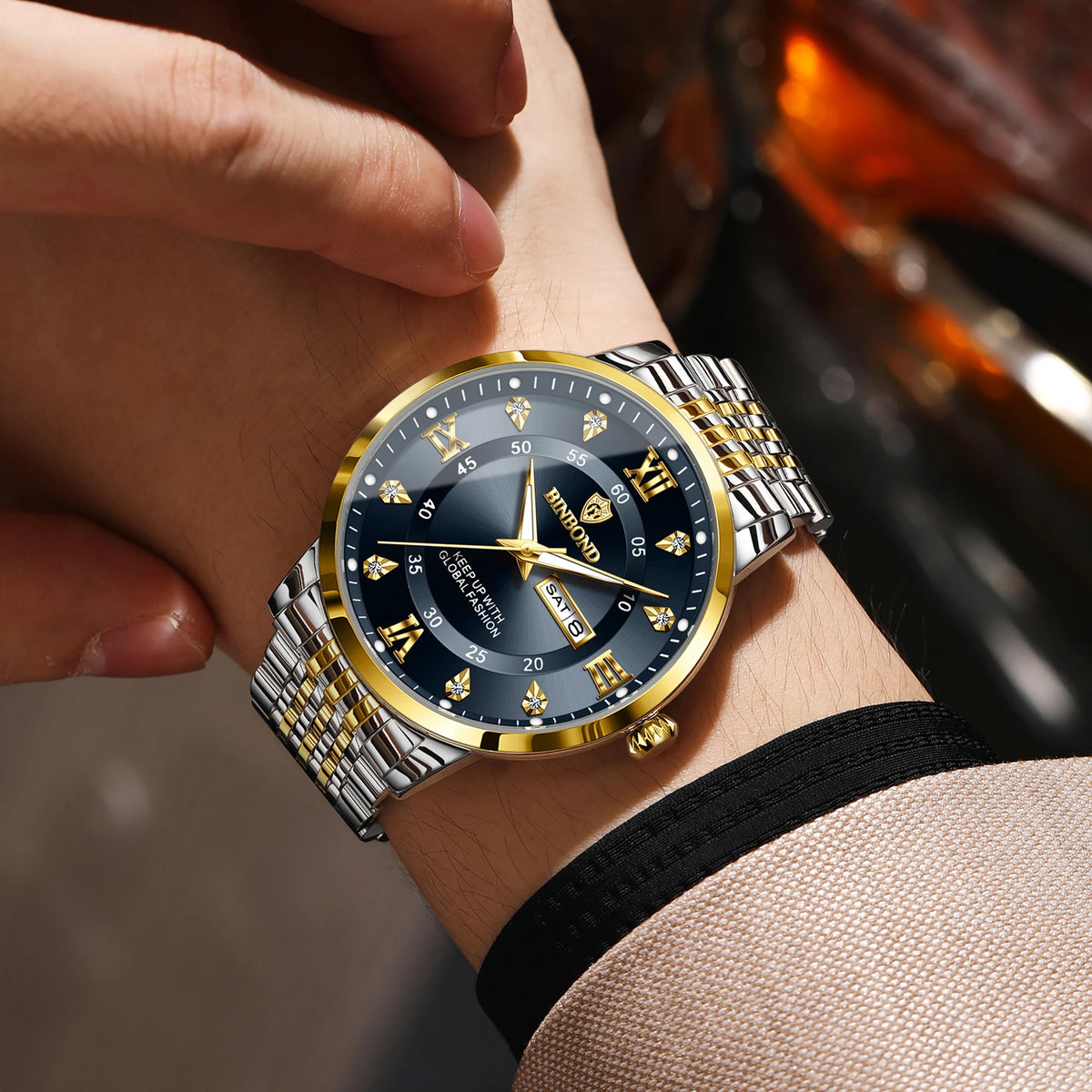 Orologio da polso al quarzo di lusso BINBOND da uomo – Impermeabile, luminescente, con indicazione del giorno della settimana – Stile business, sportivo, alla moda e casual