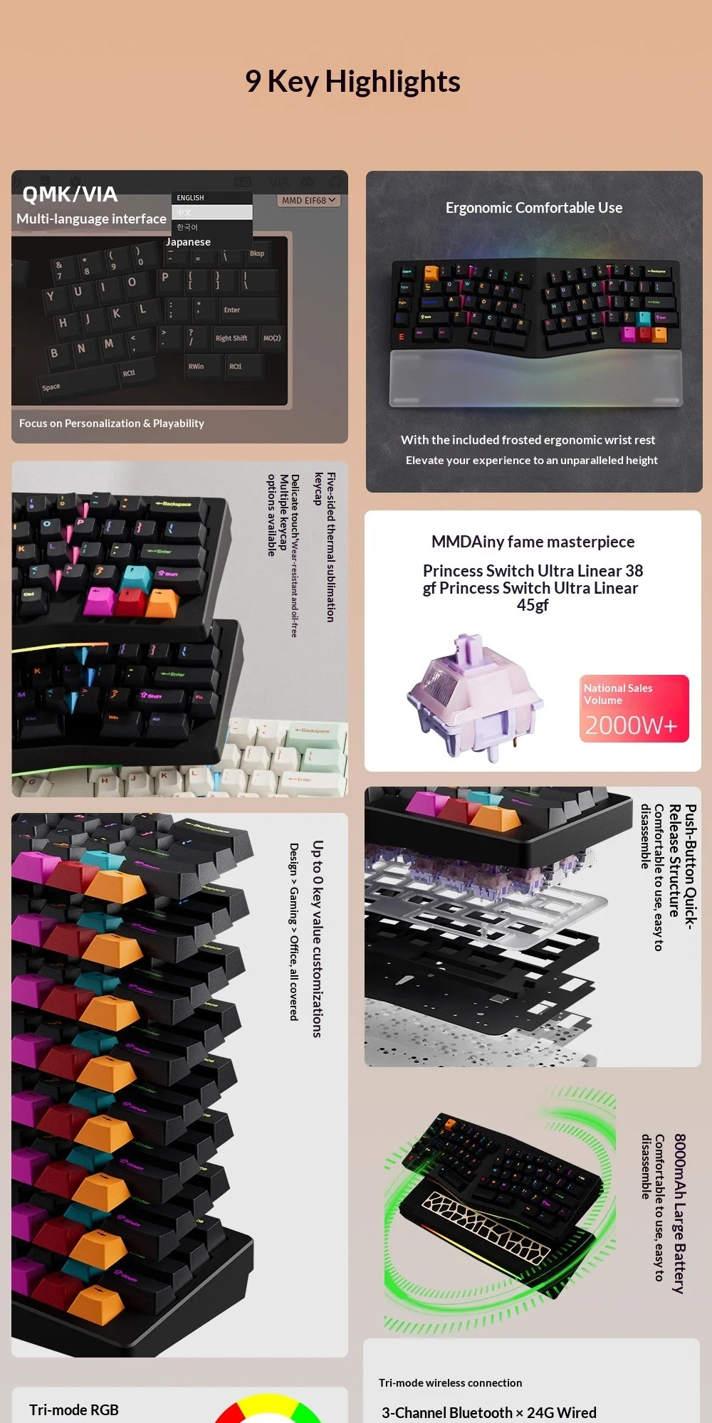 MMD Alice EIF68 Wireless Mechanical Keyboard Tri-Mode Mmd EIF68 Hot-Swap Aluminum Shell QMK/VIA Gamer Office Mechanical Keyboard
