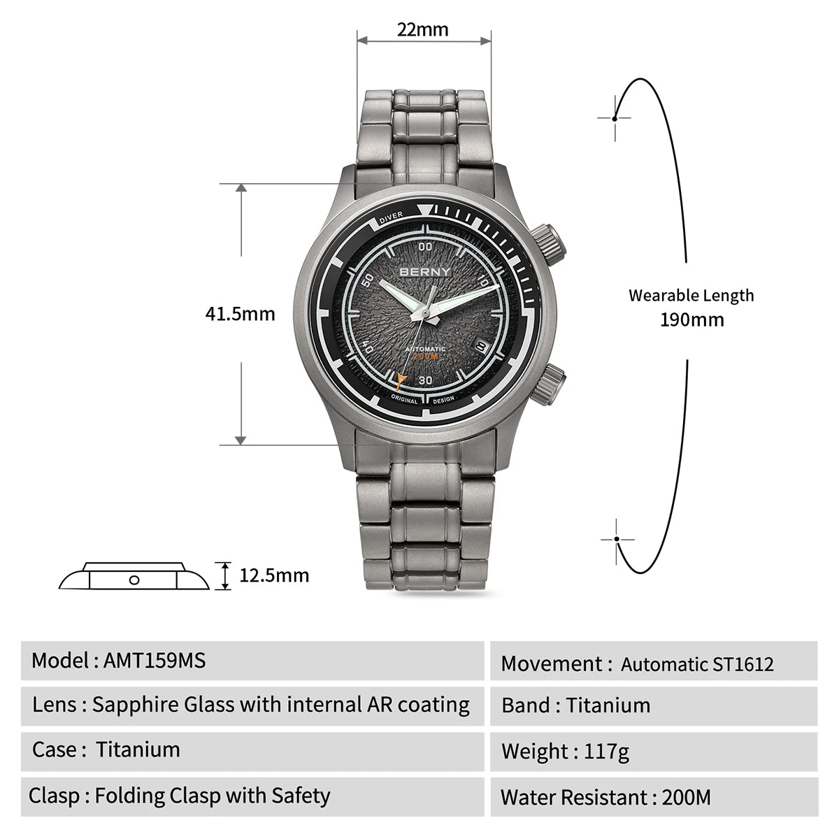 BERNY Automatic Diving Watches for Men Full Titanium Lightweight Super Luminous Mechanical Men's Diver Watch 20ATM Sapphire