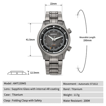 BERNY Automatic Diving Watches for Men Full Titanium Lightweight Super Luminous Mechanical Men's Diver Watch 20ATM Sapphire