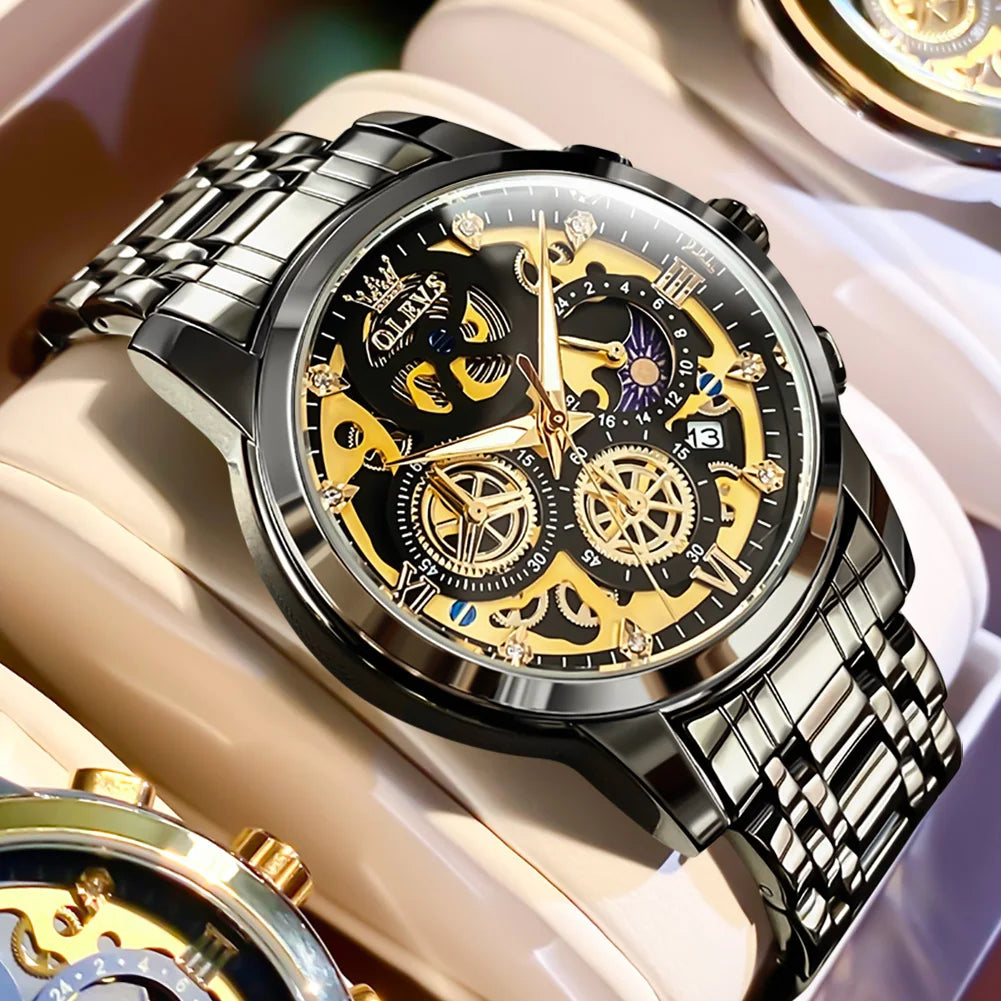 OLEVS herenhorloge – Luxe model, waterdicht, quartz, skeletstijl, 24-uursweergave (dag/nacht), goudkleurig