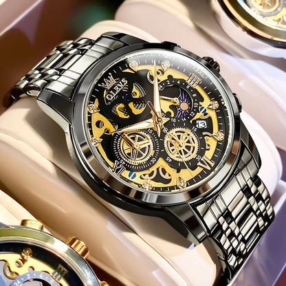 OLEVS herenhorloge – Luxe model, waterdicht, quartz, skeletstijl, 24-uursweergave (dag/nacht), goudkleurig