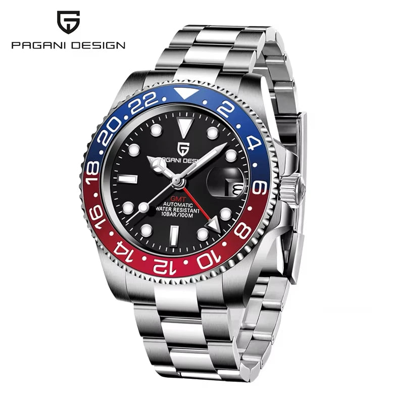 PAGANI DESIGN 40mm GMT Men's Mechanical Watches Rubber Strap Rotating Bezel 100 Waterproof Sports Wristwatch Mens Business Clock