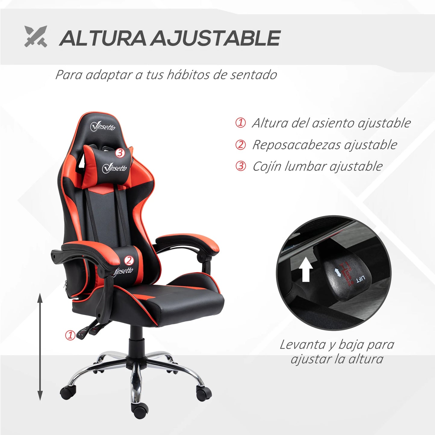 Vinsetto Gaming Chair Adjustable Height Ergonomic Gaming Chair with Reclining Backrest, Lumbar Support, Headrest & 360° Swivel Racing Style Office Chair Red