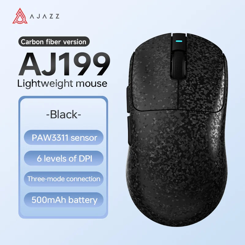 Rato Gaming Sem Fios AJAZZ AJ199 PAW3311 24000DPI Leve Bluetooth/Com Fios em Fibra de Carbono para PC Portátil Gamer