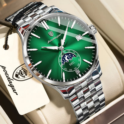 Relógio de luxo para homem POEDAGAR, estilo casual, em aço inoxidável, com movimento de quartzo, à prova de água, luminoso, com data, elegante.
