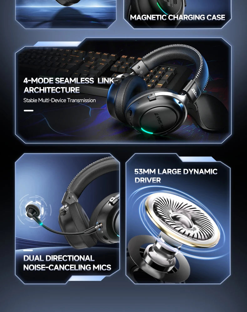 HaaYot Professional Wireless Gaming Headset Bluetooth 6.0 with 7.1 Surround Sound, Low Latency 15ms Gaming Headphones with Mic for PC PS5 Switch Mobile