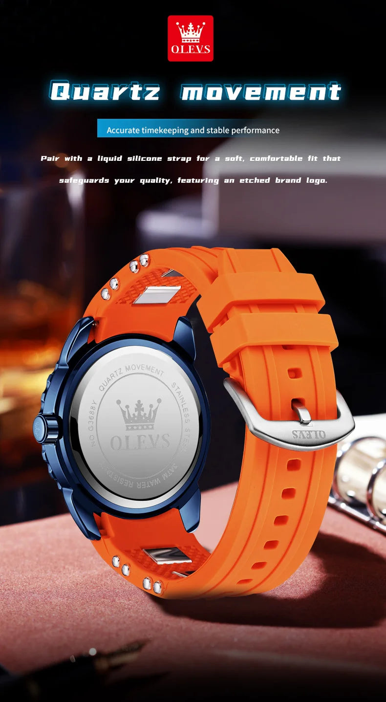 OLEVS Luxury Men's Fashion Quartz Watch Waterproof Luminous Orange Silicone Strap Sports Men Military Wristwatches Watch for Men