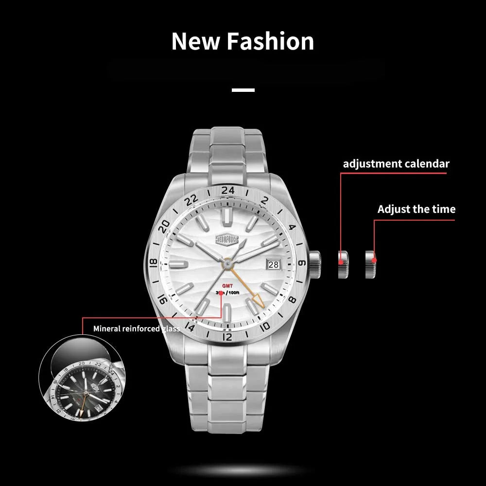 HEROFORCE Quality Original GMT Men Clock Waterproof Luminous Date Luxury Man Watch Stainless Steel Quartz Men's Watches Male
