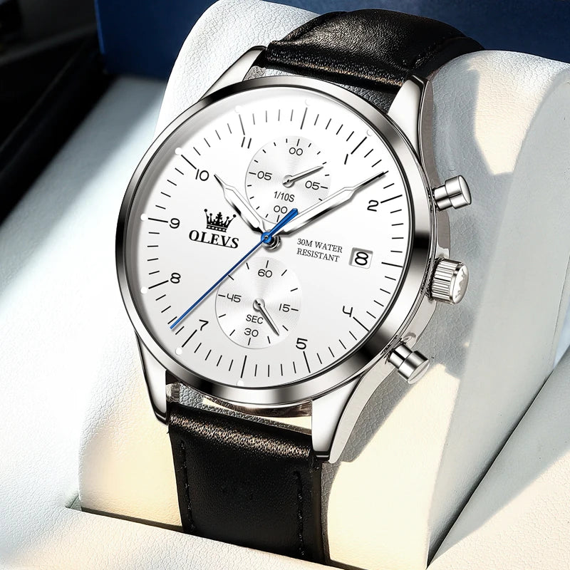 Ceas pentru bărbați OLEVS 2880 – Cronograf elegant și rafinat, curea din piele, afișare automată a datei, rezistent la apă, ace luminescente, mecanism cu cuarț.