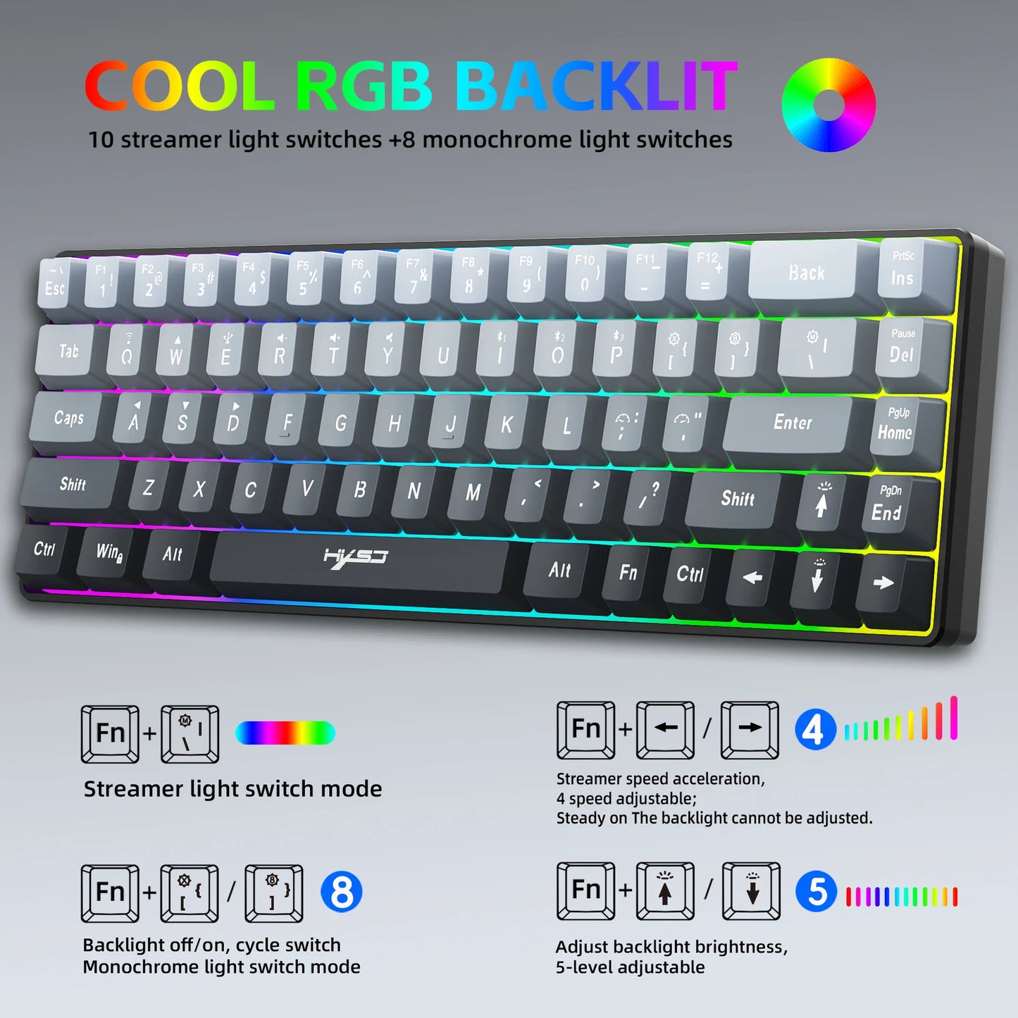 Clavier New key board 68% three-mode wired/wireless/bluetooth teclado gamer gaming keyboard gradual change gray RGB backlight