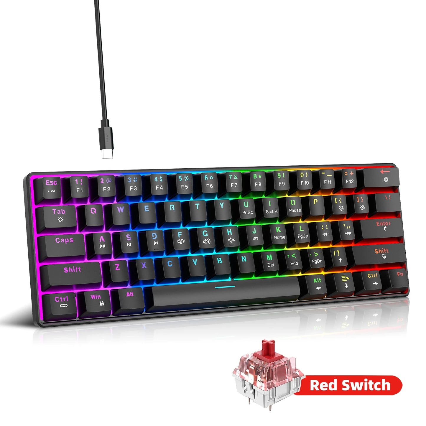 RK61 Wired 60% Mechanical Gaming Keyboard RGB Backlit 61 Keys Ultra-Compact Hot Swappable Red Switch provides a smooth