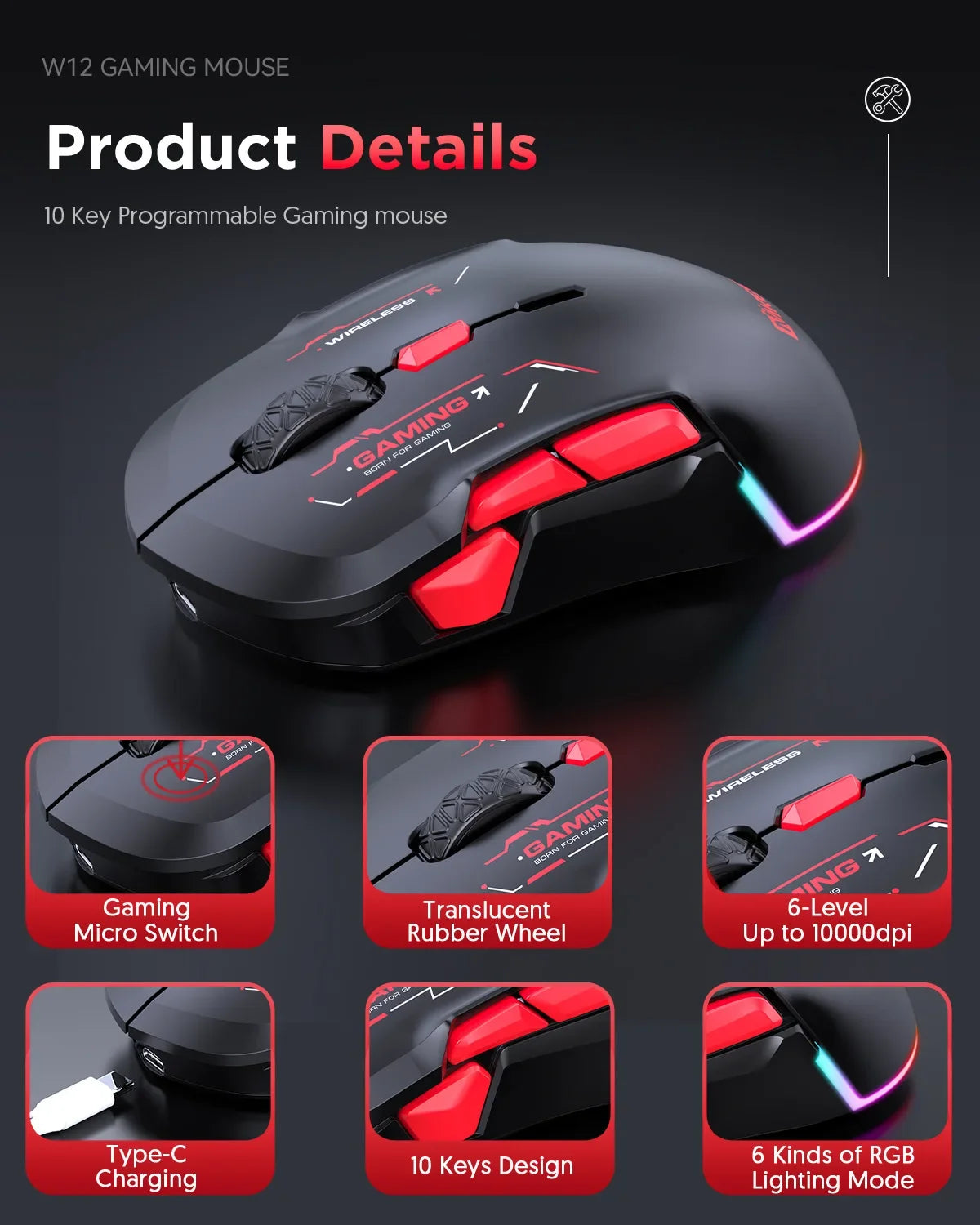 Mouse gaming macro MKESPN W12 cu 10 butoane, ambidextru, wireless Bluetooth, multicanal, tri-mode, ergonomic, RGB mare