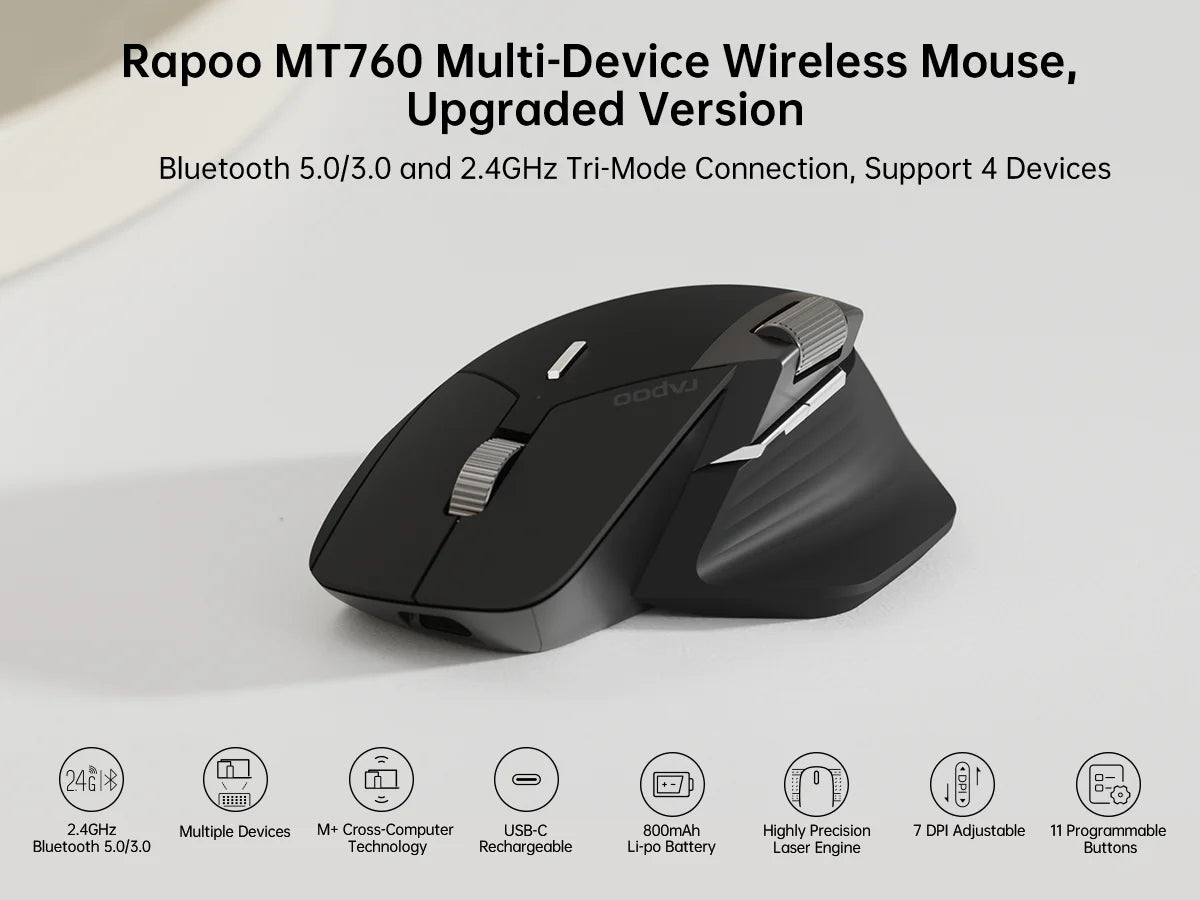 Rapoo MT760L/MT760M monen tilan ladattava langaton hiiri, ergonominen, 4000 DPI, tukee jopa 4 laitetta, Bluetooth-hiiri