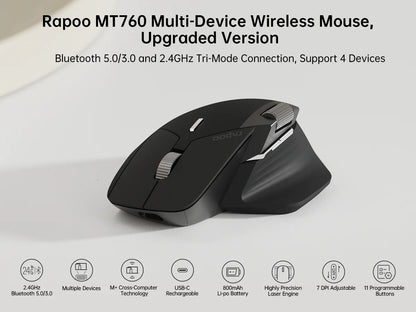 Rapoo MT760L/MT760M monen tilan ladattava langaton hiiri, ergonominen, 4000 DPI, tukee jopa 4 laitetta, Bluetooth-hiiri