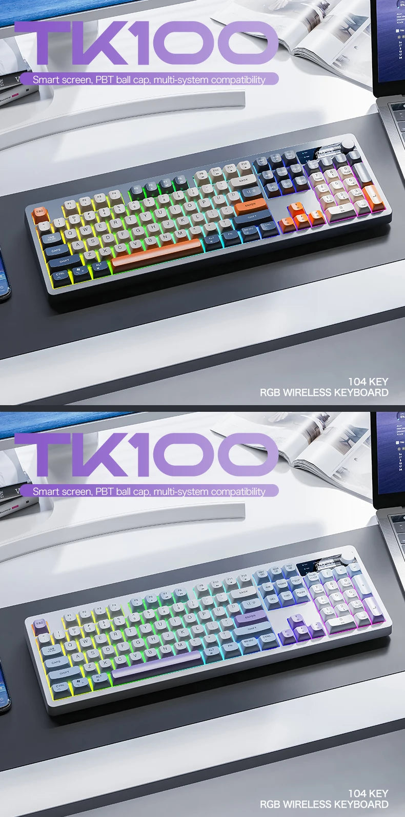 XUNFOX TK100 Bluetooth Wireless Dual-Mode Keyboard, 98-Key RGB Wireless Gaming Keyboard with Rechargeable Battery for Desktop, Laptop & Office