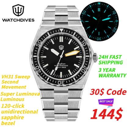 Watchdives WD0017 41mm Quartz Dive Watch Sapphire Crystal 200M Waterproof Ronda 515 VH31 Sweep Second BGW9 Lume Stainless Steel