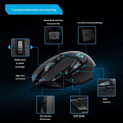 Logitech G502 HERO trådbunden gamingmus för e-sport, mekanisk mus med RGB-belysning, justerbar balans och programmerbara makron för Battle Royale