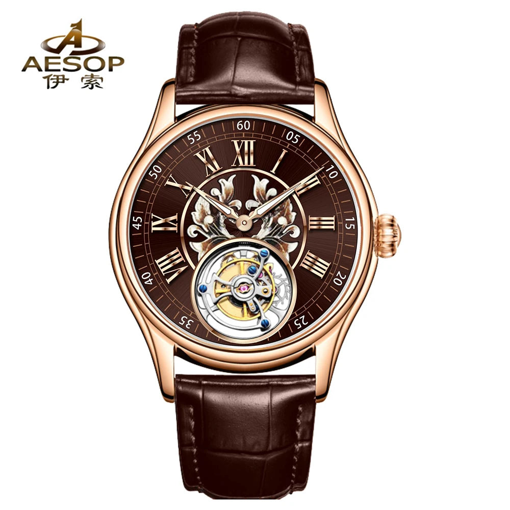 aesop Men's Watch Automatic Movement Mechanical Tourbillon Watch Skeleton Design Stainless Steel Case Waterproof Men's Watch 202