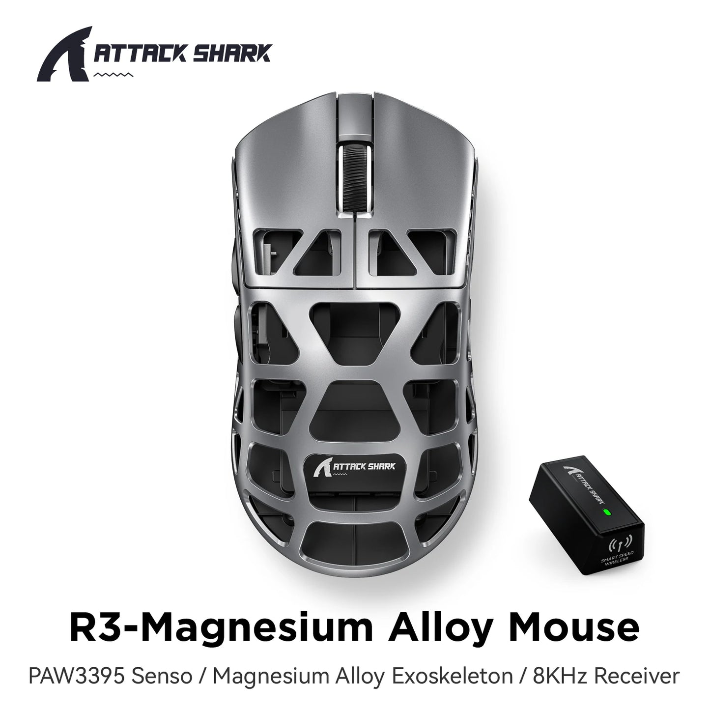 ATTACK SHARK R3 gamer egér magnéziumötvözet méhsejtmintás házzal, ultrakönnyű, 8K Hz, PAW3395 érzékelő, 26000 DPI, ergonomikus kialakítás