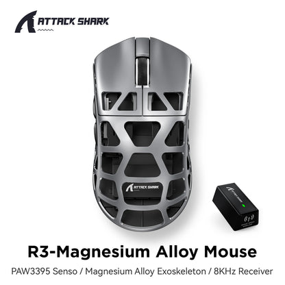 ATTACK SHARK R3 gamer egér magnéziumötvözet méhsejtmintás házzal, ultrakönnyű, 8K Hz, PAW3395 érzékelő, 26000 DPI, ergonomikus kialakítás
