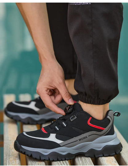 Chaussures de travail pour hommes, bottes de sécurité à bout en acier, chaussures Anti-écrasement, baskets légères et respirantes noires à bouton rotatif