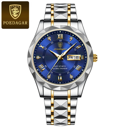 POEDAGAR Business Luxury Herrenuhr, wasserdicht, aus Edelstahl, beleuchtet, mit Datum und Wochentag, im Sport-Stil, mit Quarzwerk.