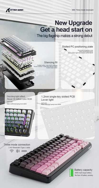 Attack Shark M86 Wireless Mechanical Keyboard 75% Compact RGB Backlit Hot-Swappable Side-Printed PBT Keycaps Tri-Mode 4000mAh