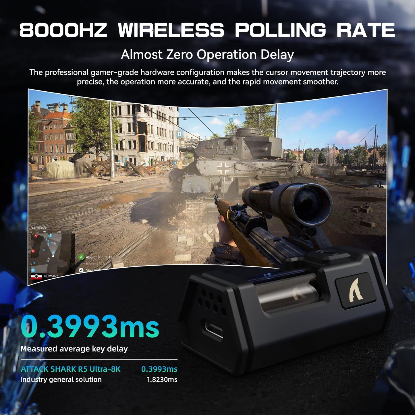 ATTACK SHARK R5Ultra Carbon Fiber trådløs 8K PAW3950MAX gamingmus med 8K spiralkabel,